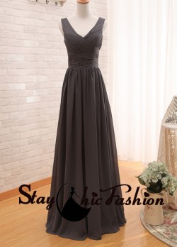 Chocolate V Neck Ruched Top Long Low Back Chiffon Bridesmaid Dress Sale [sc846] – $120.00  ...