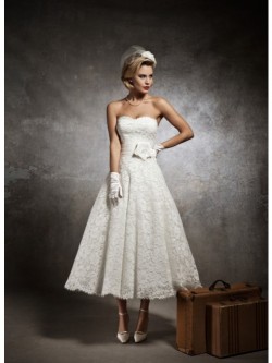 A-line Sweetheart Tea Length Vintage Lace Wedding Dress