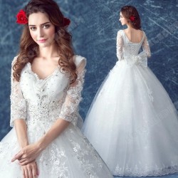 Princess Lace Deep V-neck Diamond Long-sleeved Floor-Length Wedding Dress 2016 New – Weddi ...