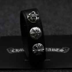 Black Leather CH Logo 925 Silver Embellished Chrome Hearts Bracelets