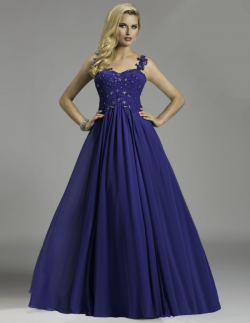 US$171.99 2015 One Shoulder Appliques Blue Chiffon Tulle Ruched Floor Length
