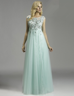 US$191.99 2015 Scoop Tulle Appliques Beading Blue Floor Length