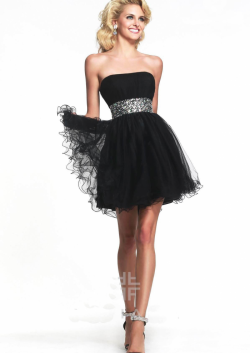US$132.99 2015 Strapless Beading Lace Up Ruched Chiffon Tulle Black Short