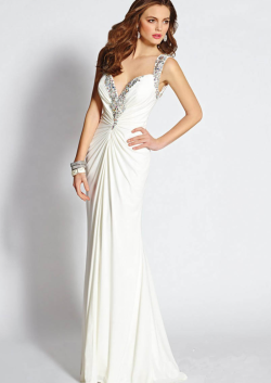 US$145.99 2015 Straps White Open Back Beading Chiffon Ruched Floor Length