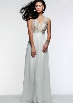 US$142.99 2015 V-neck Open Back Appliques Beading Ruched Ivory Lilac Chiffon Floor Length