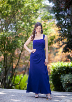 US$165.99 2015 One Shoulder Blue Sleeveless Chiffon Ruched Ankle Length