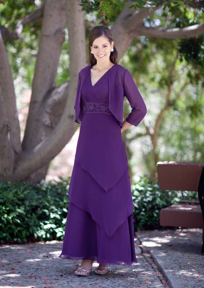 US$165.99 2015 Ruched Purple Tiers Sleeveless Chiffon V-neck Floor Length