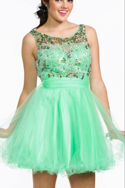 US$143.99 2016 Ruched Short Length Tulle Crystals Scoop Pink V-back Sleeveless Green
