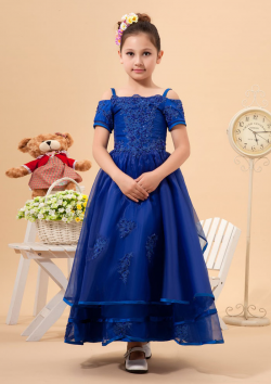 US$106.99 2015 Tulle Appliques Blue Tea Length Spaghetti Straps Short Sleeves Ruched