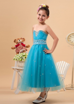 US$106.99 2015 Zipper Sweetheart Crystals Tulle Blue Sleeveless Ruched Tea Length