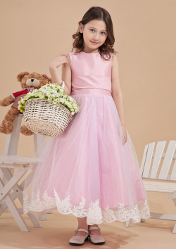 US$108.99 2015 Zipper Tea Length Bow Straps Tulle Appliques Pink Sleeveless Ball Gown