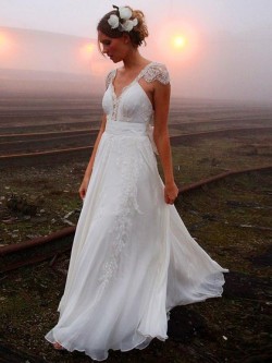 Different V-neck Chiffon Sweep Train Beading Backless Wedding Dress in UK