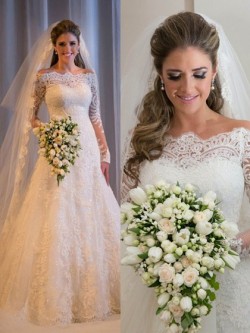Off-the-shoulder Lace Tulle Sweep Train Appliques Lace Modest Long Sleeve Wedding Dresses in UK
