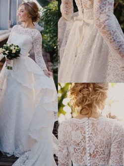 Scalloped Neck Sweep Train Lace Sashes / Ribbons Long Sleeve Newest Wedding Dresses in UK