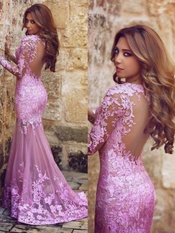 Trumpet/Mermaid V-neck Lilac Tulle Appliques Lace Long Sleeve Prom Dress in UK