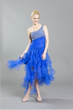 US$143.99 2016 Tulle High Low Ruffled One Shoulder Crystals Lace Up Blue Sleeveless