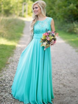 Scoop Neck Lace Chiffon Ruched Floor-length Gorgeous Bridesmaid Dresses in UK