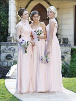 Scoop Neck Pink Lace Chiffon Floor-length Fashion Bridesmaid Dress in UK