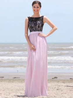 Scoop Neck Ruffles Lace Chiffon Floor-length Perfect Pink Bridesmaid Dress in UK