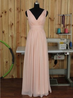 V-neck Ruched Chiffon Floor-length Pink Backless Bridesmaid Dress in UK