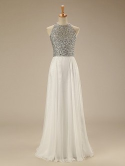 White A-line Scoop Neck Chiffon Floor-length Beading Open Back New Arrival Prom Dresses in UK