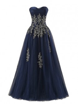 Wholesale A-line Sweetheart Tulle Floor-length Appliques Lace Dark Navy Prom Dresses in UK
