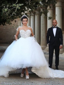 Latest Ball Gown Scoop Neck Tulle Cathedral Train Appliques Lace Long Sleeve Wedding Dresses in UK