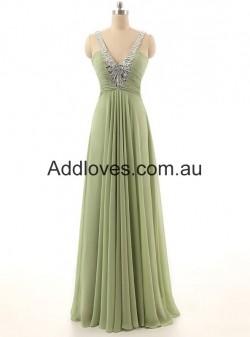 Simple A-Line Green V-neck Straps Long Chiffon Prom Dresses at addloves.com.au