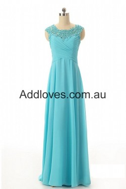 Simple A-line Long Beading Blue Chiffon Prom Dresses at addloves.com.au