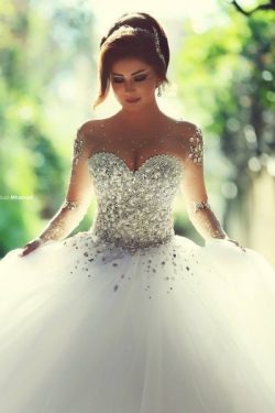 Vestidos de novia Best Selling Ball Gown Wedding Dresses Sheer Long Sleeves Beading Pearls Cryst ...