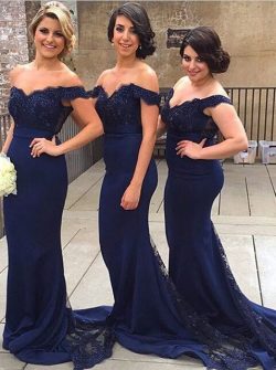 Custom Made Off the Shoulder Sheath Long Bridesmaid Dresses Lace Backless Sweep Train Evening Gown