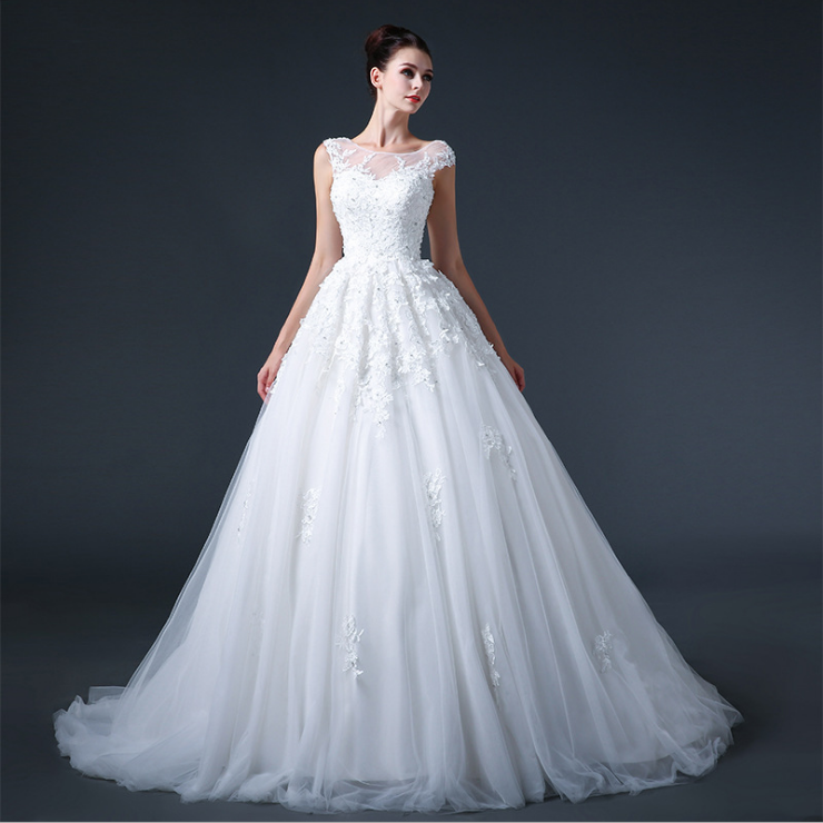 Best Selling Crew Neckline A Line Wedding Dresses Cap Sleeves Lace Appliques Sequins Tulle Skirt ...