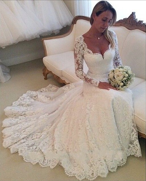 Vestidos de novia Long Sleeves Sheath Wedding Dresses V Neck Lace Arabic Bridal Gown