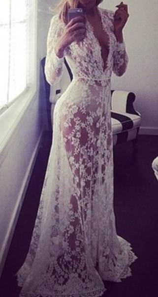 Sexy See Through Lace Sheath Wedding Dresses with Long Sleeves Plunging V Neck Bridal Gown