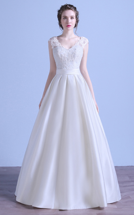 Elegant Cap Sleeves A Line Satin Wedding Dresses Lace Appliques V Neck Backless Bridal Gown