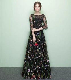 Fairy Style Embroidery Colorful Flowers A Line Evening Dresses Floor Length Crew Neckline Long S ...