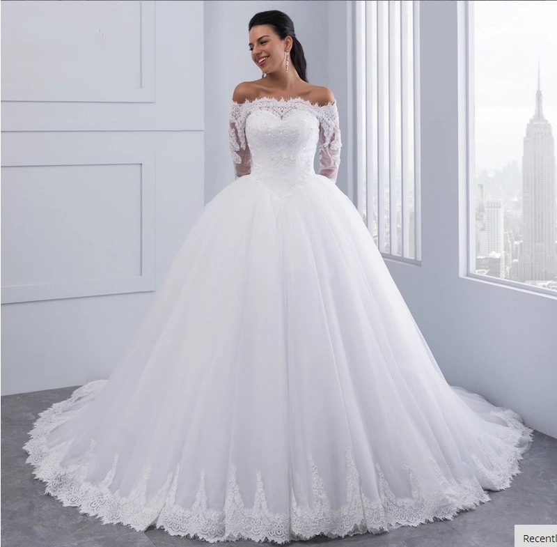 Glamorous Lace Long Sleeves Ball Gown Wedding Dresses Bateau Puffy Tulle Skirt Court Train Brida ...