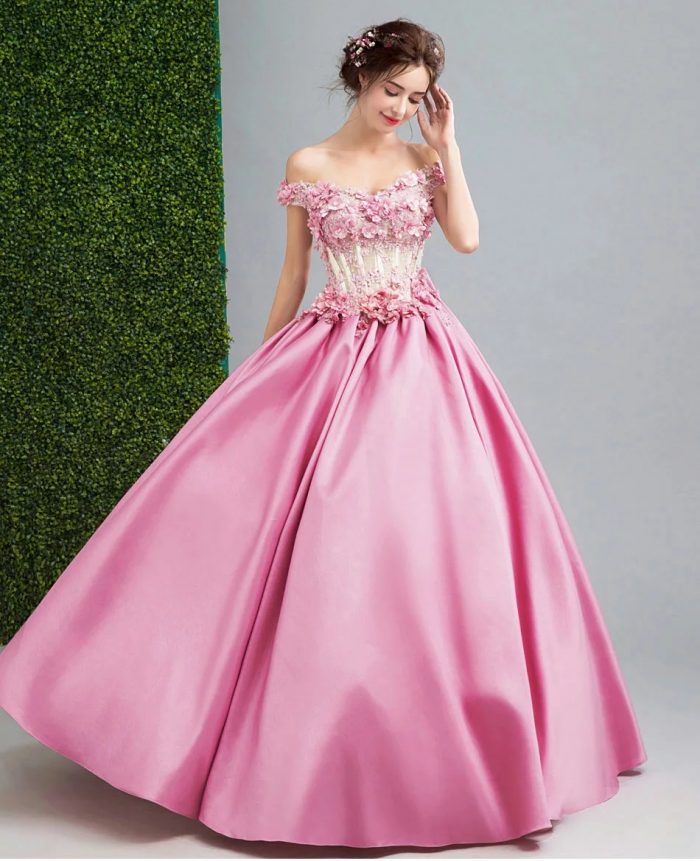 Glamorous Pink A Line Satin Prom Dresses Handmade Flowers Sexy Off the Shoulder Floor Length Eve ...