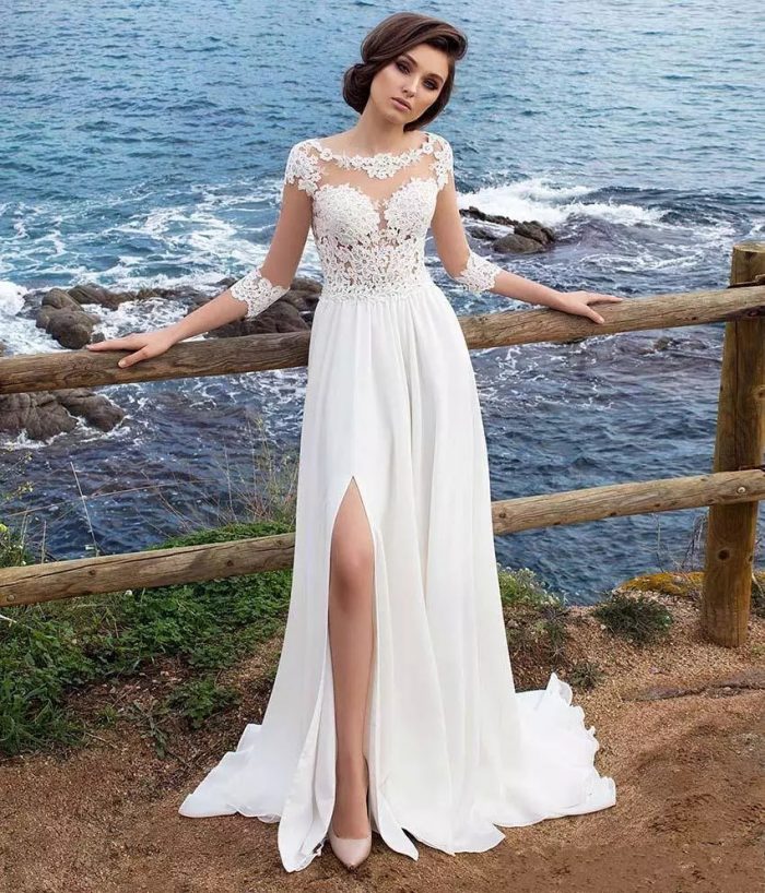 3/4 Long Sleeves Beach Bohemian Wedding Dresses 2018 Chiffon Scoop Neck Appliques Long Bridal Go ...