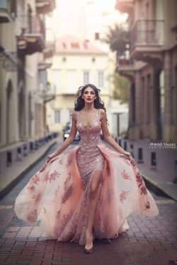 Saudi Arabic Overskirt Mermaid Evening Dresses Blush Sheer Backless V Neck Appliques with Capes  ...