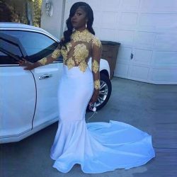 White And Gold Mermaid Prom Dresses Long Sleeve Black Girls Satin Appliques Lace O-Neck Court Tr ...