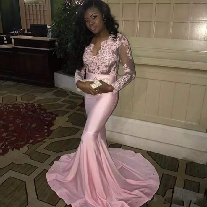 Pink Mermaid Black Girl Long Prom Dresses 2018 Long Sleeves Sexy V Neck Sheer Bodice African Pro ...