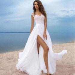 Beach Wedding Dresses A Line Sheer Neck Cap Sleeve Floor Length Bridal Gowns With Lace Chiffon H ...