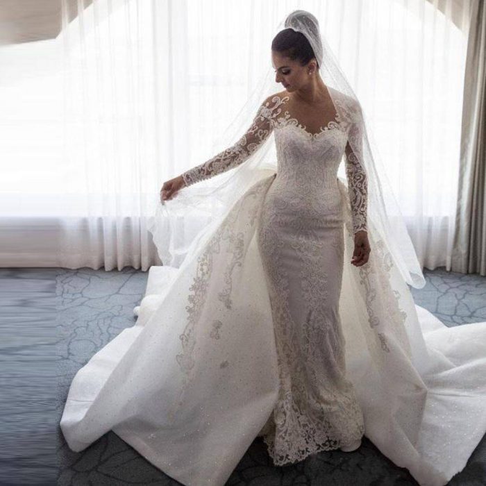 Detachable Train Sheath Wedding Dresses Bridal Gown Long Sleeves Exquisite Applique Sheer Neck T ...