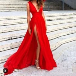 Red Evening Dresses 2018 Deep V-Neck Sweep Train Piping Side Split Modern Long Skirt Cheap Trans ...