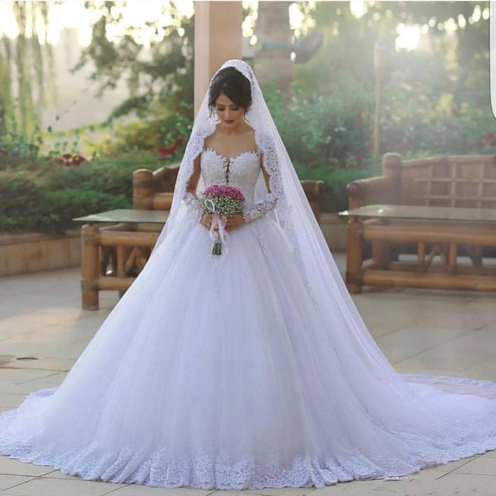 Stunning Said Mhamad Wedding Dresses Puffy Ball Gown Sheer Long Sleeves Wedding Gowns Full Lace  ...