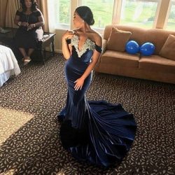 Lace Appliqued Off The Shoulder Mermaid Navy Blue Prom Dresses 2018 Velvet Evening Gown robe soi ...