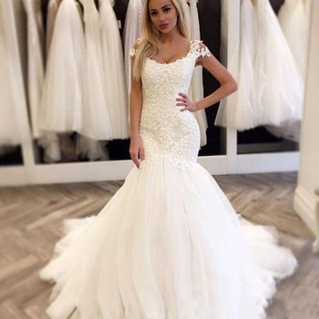 Modest Mermaid Wedding Dresses Cap Sleeve Scoop Neck Lace Tulle Sweep Train New Design Bridal Gowns