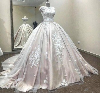 Satin Ball Gown Wedding Dresses Jewel Neck Lace Applique Tulle Sleeveless Court Train Bridal Gow ...