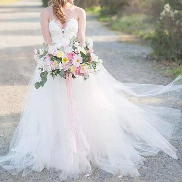 Simple Country Wedding Dresses A Line Strapless Sweep Train Bridalk Gowns With Lace Tulle Backle ...